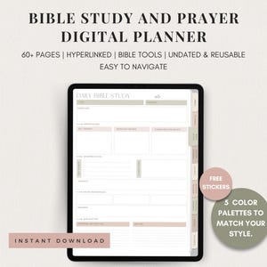Undated Bible Study Digital Planner | Prayer Journal Sermon Notes, Hyperlinks, Reading Tracker Verse Mapping Study Guide, Christian Planner