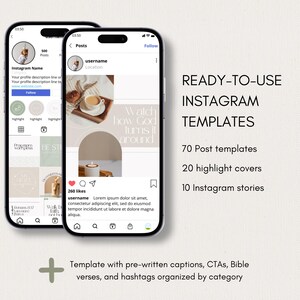 K&ouml;nnte beinhalten: Zwei Smartphones zeigen Instagram-Profil- und Beitrags-Layouts mit Grafiken in neutralen Farbt&ouml;nen. Der Text lautet: READY-TO-USE INSTAGRAM TEMPLATES, 70 Post templates, 20 highlight covers, 10 Instagram stories sowie Template with pre-written captions, CTAs, Bible verses, and hashtags organized by category.