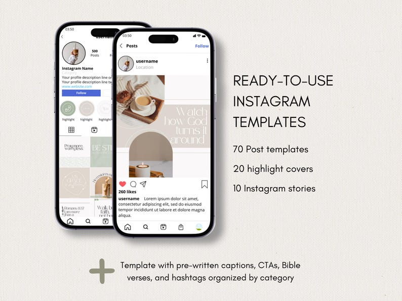 K&ouml;nnte beinhalten: Zwei Smartphones zeigen Instagram-Profil- und Beitrags-Layouts mit Grafiken in neutralen Farbt&ouml;nen. Der Text lautet: READY-TO-USE INSTAGRAM TEMPLATES, 70 Post templates, 20 highlight covers, 10 Instagram stories sowie Template with pre-written captions, CTAs, Bible verses, and hashtags organized by category.