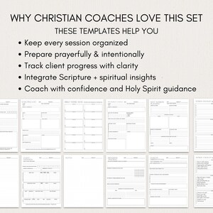 May include: A set of white templates for Christian coaches, with text that reads "WHY CHRISTIAN COACHES LOVE THIS SET". The templates help organize sessions, prepare prayerfully, track client progress, integrate Scripture, and coach with confidence.