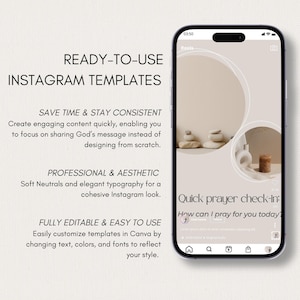 K&ouml;nnte beinhalten: Ein Smartphone zeigt eine Instagram-Vorlage in sanften neutralen Farben mit kreisf&ouml;rmigen Rahmen und dem Text 'Quick prayer check-in: How can I pray for you today?'. Der Bildschirm enth&auml;lt zudem den Text 'READY-TO-USE INSTAGRAM TEMPLATES'.