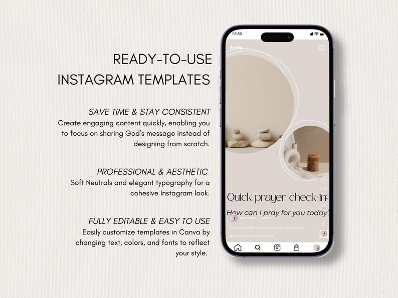 K&ouml;nnte beinhalten: Ein Smartphone zeigt eine Instagram-Vorlage in sanften neutralen Farben mit kreisf&ouml;rmigen Rahmen und dem Text 'Quick prayer check-in: How can I pray for you today?'. Der Bildschirm enth&auml;lt zudem den Text 'READY-TO-USE INSTAGRAM TEMPLATES'.