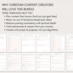 May include: A collection of templates for Christian content creators. The templates include a daily prayer request, weekly content calendar, daily prayer focus, and more. Text on the image reads: "WHY CHRISTIAN CONTENT CREATORS WILL LOVE THIS BUNDLE."