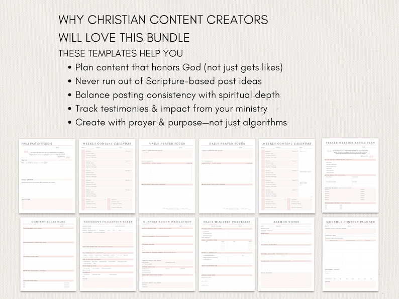 May include: A collection of templates for Christian content creators. The templates include a daily prayer request, weekly content calendar, daily prayer focus, and more. Text on the image reads: "WHY CHRISTIAN CONTENT CREATORS WILL LOVE THIS BUNDLE."