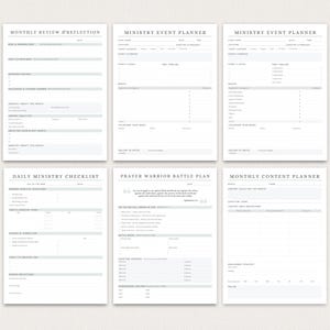 May include: Six white paper planners with gray text and headings. The planners include titles such as "Monthly Review & Reflection", "Ministry Event Planner", "Daily Ministry Checklist", "Prayer Warrior Battle Plan", and "Monthly Content Planner".