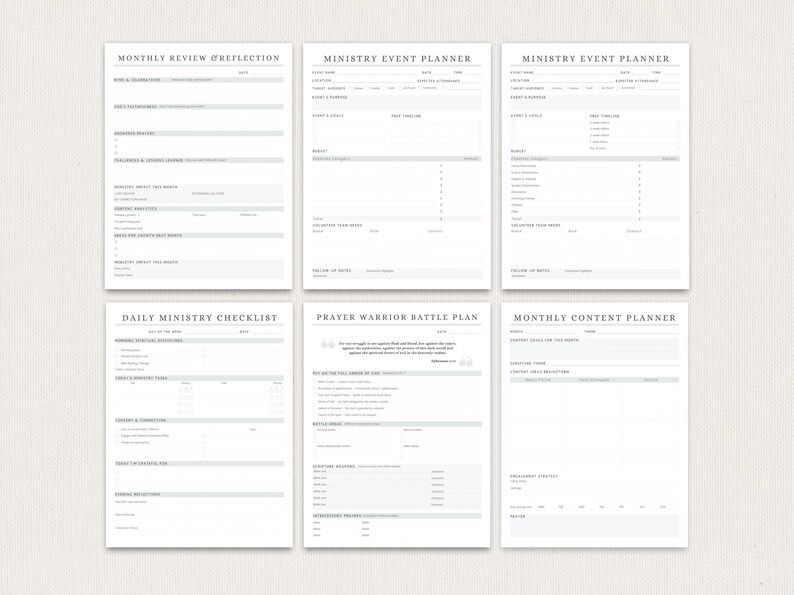 May include: Six white paper planners with gray text and headings. The planners include titles such as "Monthly Review & Reflection", "Ministry Event Planner", "Daily Ministry Checklist", "Prayer Warrior Battle Plan", and "Monthly Content Planner".