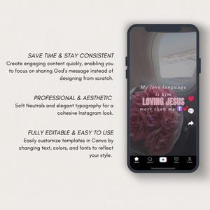 May include: A smartphone displays a social media post with the text "My love language is him LOVING JESUS more than me." The image includes a bouquet of pink flowers and a window view. Additional text promotes easy content creation.