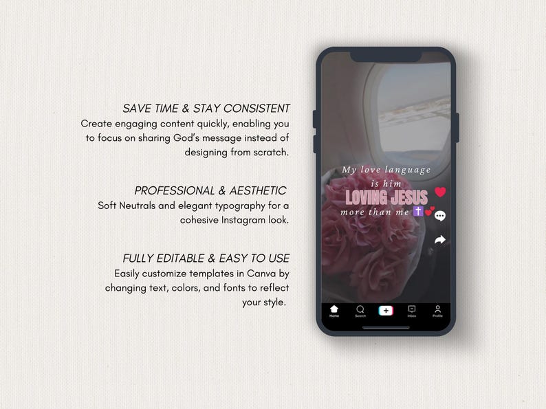 May include: A smartphone displays a social media post with the text "My love language is him LOVING JESUS more than me." The image includes a bouquet of pink flowers and a window view. Additional text promotes easy content creation.