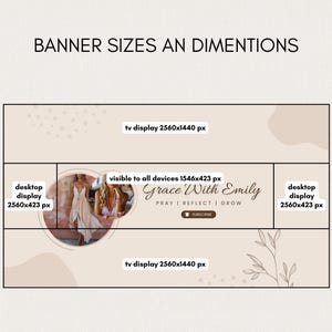 以下が含まれることがあります： BANNER SIZES AN DIMENTIONSというタイトルのバナーテンプレートガイド。テレビやデスクトップ表示用のレイアウト寸法が表示されており、中央にはvisible to all devices 1546x423 pxとラベル付けされたエリアと、Grace With Emilyというテキストが含まれています。