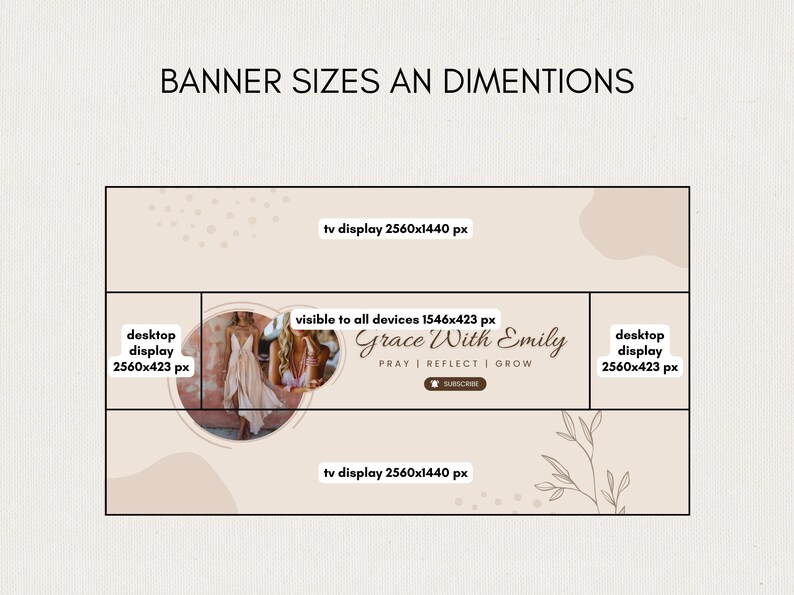 以下が含まれることがあります： BANNER SIZES AN DIMENTIONSというタイトルのバナーテンプレートガイド。テレビやデスクトップ表示用のレイアウト寸法が表示されており、中央にはvisible to all devices 1546x423 pxとラベル付けされたエリアと、Grace With Emilyというテキストが含まれています。