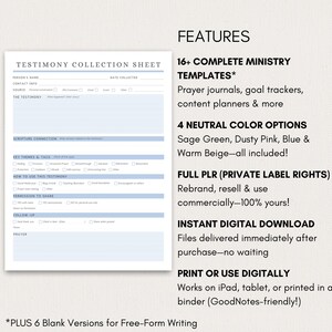 May include: Digital testimony collection sheet with light blue accents. Features include 16+ ministry templates, 4 neutral color options, full PLR, and instant digital download. Works on iPad, tablet, or printed.