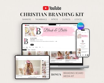 Christelijke YouTube-brandingkit | Bewerkbare Canva-sjablonen, banners, geanimeerde in- en outro's, logo's, mediakit, Pink That Girl Aesthetic