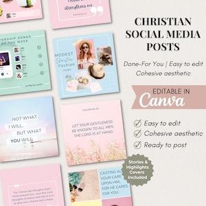 May include: A set of 10 customizable social media post templates for Christian content creators. The templates feature a pastel color scheme with pink, blue, and green backgrounds. Each template includes a quote or scripture verse, and some feature images of nature or fashion.