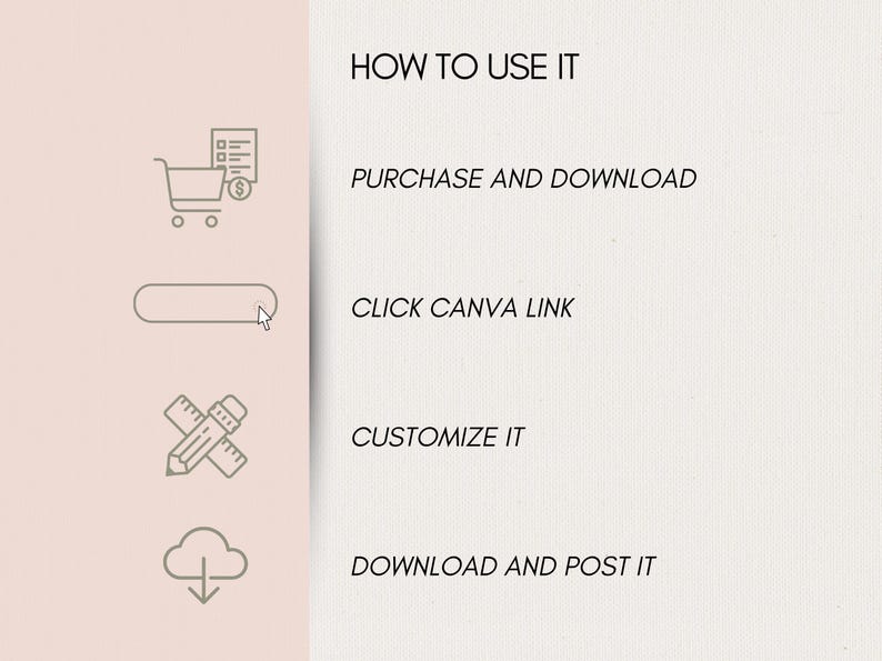 May include: A graphic with the text "HOW TO USE IT" and instructions: "PURCHASE AND DOWNLOAD", "CLICK CANVA LINK", "CUSTOMIZE IT", and "DOWNLOAD AND POST IT". The instructions are accompanied by simple line drawings of a shopping cart, a button with a cursor, a pencil and ruler, and a cloud with a downward arrow.