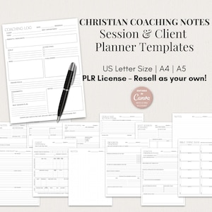May include: A collection of Christian coaching notes and planner templates. The image features a coaching log with a black pen, along with several other planner templates. Text includes "Session & Client Planner Templates" and "US Letter Size | A4 | A5".