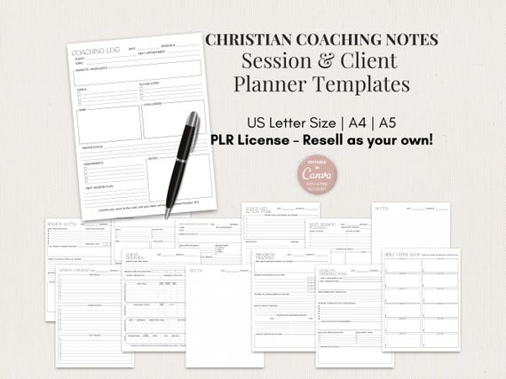 PLR Christian Coaching Notes Bundle | Canva Editable Templates, Coach Planner, Client Session,  Coaching Worksheets, Counselor System