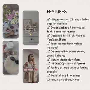 May include: Image features a digital product with pre-written Christian TikTok caption overlays. The product is designed for TikTok, Reels, and YouTube Shorts, with faceless aesthetic videos. It is optimized for engagement and comes in a 1080x1920px vertical format.
