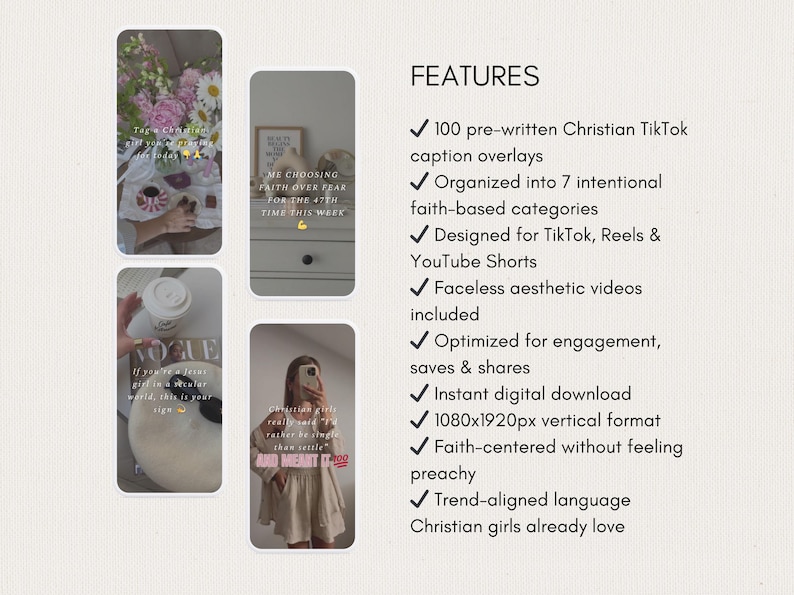 May include: Image features a digital product with pre-written Christian TikTok caption overlays. The product is designed for TikTok, Reels, and YouTube Shorts, with faceless aesthetic videos. It is optimized for engagement and comes in a 1080x1920px vertical format.