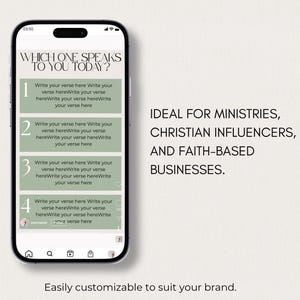 K&ouml;nnte beinhalten: Ein Smartphone zeigt eine digitale Vorlage mit dem Text WHICH ONE SPEAKS TO YOU TODAY? &uuml;ber vier nummerierten salbeigr&uuml;nen rechteckigen Feldern mit Platzhaltertext. Rechts steht der Text IDEAL FOR MINISTRIES, CHRISTIAN INFLUENCERS, AND FAITH-BASED BUSINESSES. Darunter der Text Easily customizable to suit your brand.