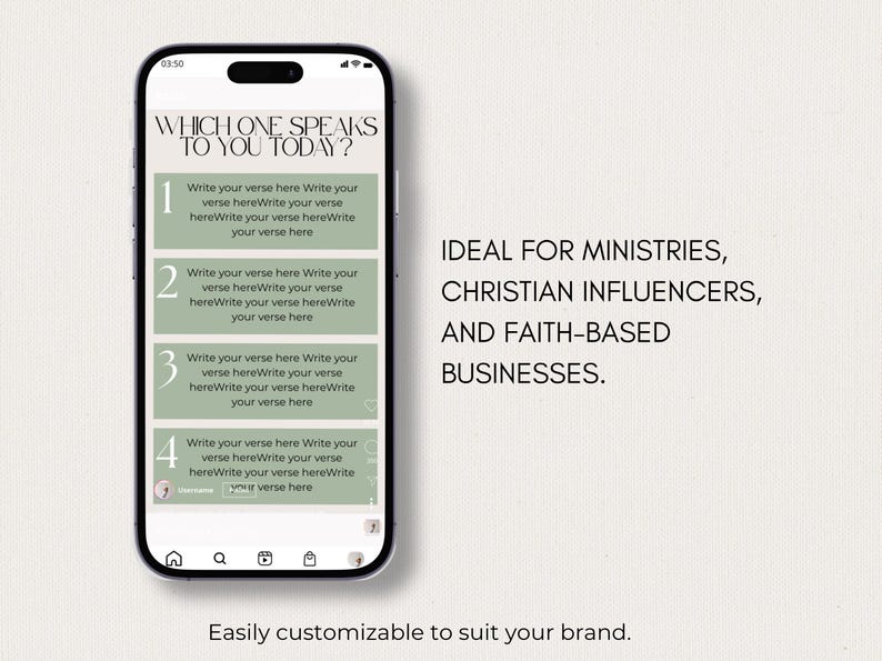 K&ouml;nnte beinhalten: Ein Smartphone zeigt eine digitale Vorlage mit dem Text WHICH ONE SPEAKS TO YOU TODAY? &uuml;ber vier nummerierten salbeigr&uuml;nen rechteckigen Feldern mit Platzhaltertext. Rechts steht der Text IDEAL FOR MINISTRIES, CHRISTIAN INFLUENCERS, AND FAITH-BASED BUSINESSES. Darunter der Text Easily customizable to suit your brand.