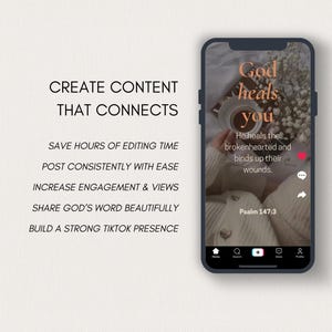 K&ouml;nnte beinhalten: Ein Smartphone zeigt einen TikTok-Post mit dem Text "Gott heilt dich". Das Bild enth&auml;lt eine Kaffeetasse, Blumen und Psalm 147,3. Auf der linken Seite steht "Erstelle Inhalte, die verbinden".