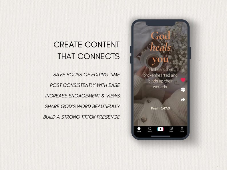 K&ouml;nnte beinhalten: Ein Smartphone zeigt einen TikTok-Post mit dem Text "Gott heilt dich". Das Bild enth&auml;lt eine Kaffeetasse, Blumen und Psalm 147,3. Auf der linken Seite steht "Erstelle Inhalte, die verbinden".