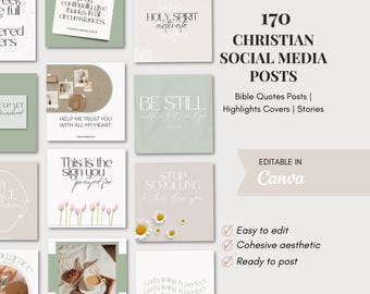Modèles chrétiens pour réseaux sociaux | Lot modifiable Canva avec articles, histoires et couvertures Vert sauge neutre minimaliste