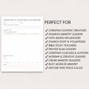 May include: A beige Monthly Content Planner with sections for goals, scripture, and engagement strategies. Text on the right side lists groups such as Christian content creators and ministry leaders.