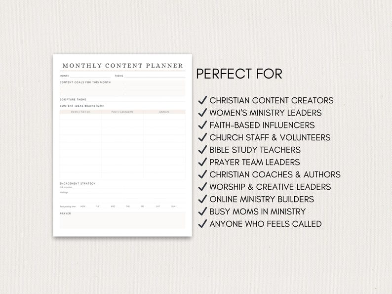 May include: A beige Monthly Content Planner with sections for goals, scripture, and engagement strategies. Text on the right side lists groups such as Christian content creators and ministry leaders.