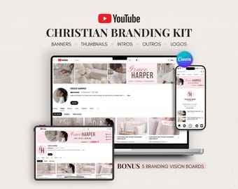 YouTube-brandingkit voor christenen | Bewerkbare Canva-sjablonen, banners, geanimeerde intro's en outro's, logo's, Minimal It Girl roze wit