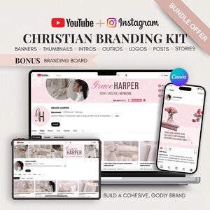 以下が含まれることがあります： YouTubeとInstagram用のデジタルブランディングキット。ノートパソコン、タブレット、スマートフォンにピンクを基調としたチャンネルアート、ロゴ、投稿が表示されています。テキストには「CHRISTIAN BRANDING KIT」、「BUNDLE OFFER」、「BONUS BRANDING BOARD」と記載されています。