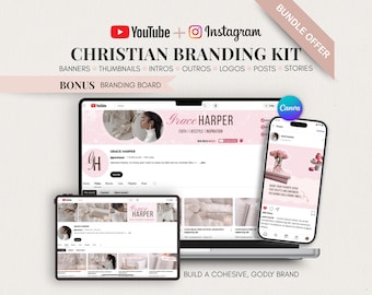 Christelijke brandingbundel YouTube en Instagram | Bewerkbare canvassjablonen Soft Life Daily Vlog Girl Social Media Marketing Faith Pink Minimal