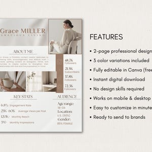 May include: A two-page professional media kit template featuring the name Grace Miller Gracious Living, including sections for About Me, Key Stats, and Audience demographics. The layout displays social media follower counts, engagement rates, and a list of features such as a 3-color variation option, Canva compatibility, and instant digital download availability.