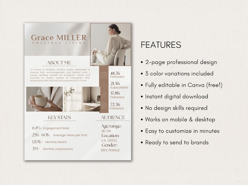 May include: A two-page professional media kit template featuring the name Grace Miller Gracious Living, including sections for About Me, Key Stats, and Audience demographics. The layout displays social media follower counts, engagement rates, and a list of features such as a 3-color variation option, Canva compatibility, and instant digital download availability.