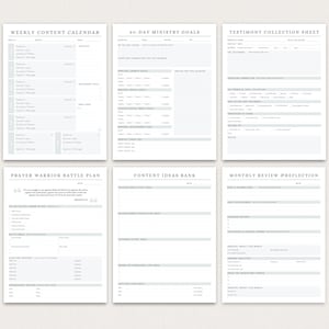 May include: A collection of six printable planner sheets with a minimalist design. The sheets include a weekly content calendar, 90-day ministry goals, a testimony collection sheet, a prayer warrior battle plan, a content ideas bank, and a monthly review and reflection sheet.