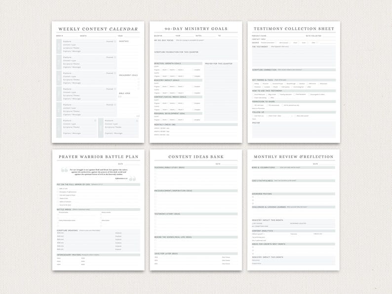 May include: A collection of six printable planner sheets with a minimalist design. The sheets include a weekly content calendar, 90-day ministry goals, a testimony collection sheet, a prayer warrior battle plan, a content ideas bank, and a monthly review and reflection sheet.