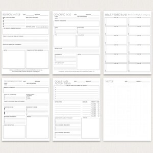 May include: A collection of six white printable planner pages with black text. The pages include sections for session notes, coaching logs, Bible verse bank, pre-session planning, goals and action items, and general notes. The pages are designed for organization.