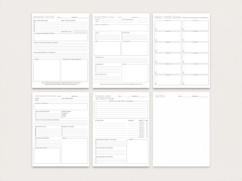 May include: A collection of six white printable planner pages with black text. The pages include sections for session notes, coaching logs, Bible verse bank, pre-session planning, goals and action items, and general notes. The pages are designed for organization.