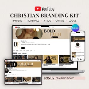 以下が含まれることがあります： YouTubeクリスチャンブランディングキット。バナー、サムネイル、イントロ、アウトロ、ロゴのデジタルテンプレートが含まれています。ノートパソコン、タブレット、スマートフォンの画面には、ゴールドとブラックのデザイン要素と「Bold Faith」というテキストが表示されています。