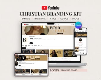Christelijke YouTube-brandingkit | Bewerkbare canva-sjablonen met logo, thumbnails, banners, intro's en outro's voor makers van podcasts voor stoere vrouwen