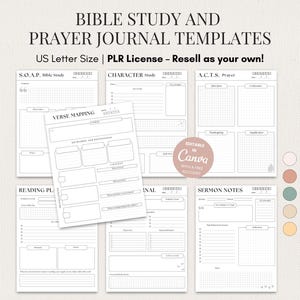 PLR Bible Study Guide Template Bundle | Canva Editable Templates SOAP, ACTS Prayer Journal, Sermon Notes, Reading Tracker Verse Mapping