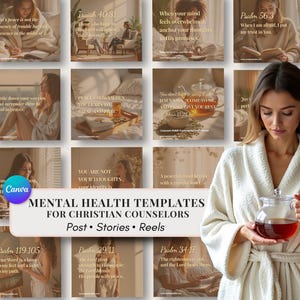 Op de afbeelding: Een verzameling digitale sjablonen voor geestelijke gezondheid voor christelijke hulpverleners met diverse social media-ontwerpen met inspirerende tekst, naast een persoon in een crèmekleurige badjas die een glazen theepot vasthoudt.