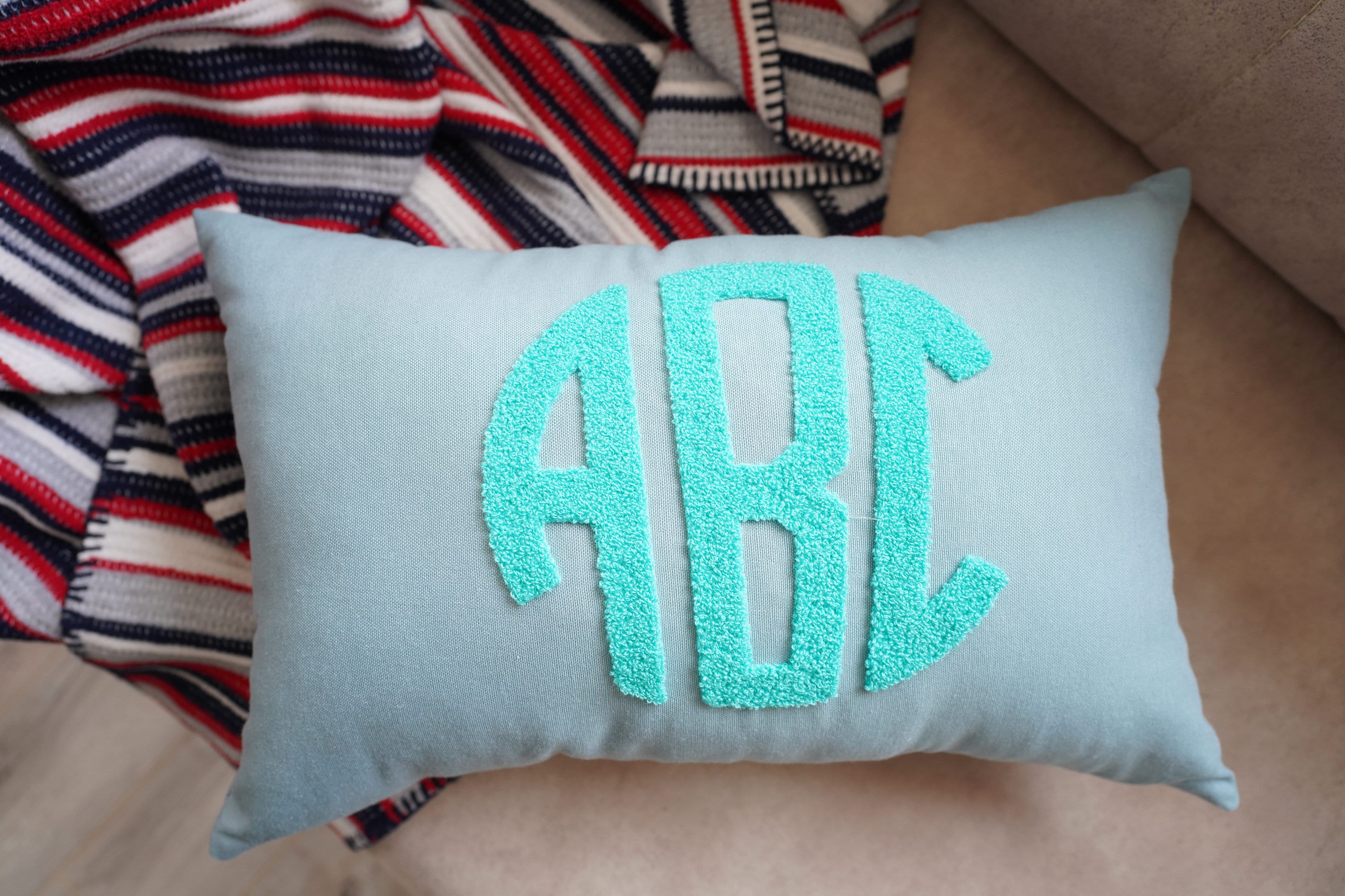 Monogrammed Punch Needle Embroidery Pillow, Housewarming Gift, Lumbar