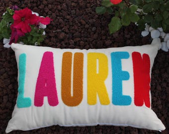 Home Decor Punch Needle Embroidered Custom Pillow, Personalized Gift, Graduation Gift, Dorm Room Decor, Kids Room Decor, Monogram Pillow