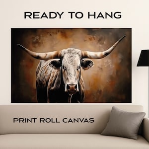 Texas Longhorn canvas wall art Cow print Farmhouse decor Longhorn Painting Man cave decor Modern Farmhouse cottage art Extra Large canvas