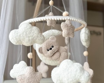 Teddy Bear Nursery Mobile with Sewn Boucle Clouds | Baby Crib Decor | New Baby Gift | Celestial Mobile | Handmade Bear Mobile