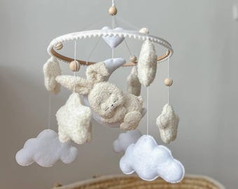 Boucle Bunny Baby Mobile — Sleepy Rabbit on the Moon Nursery Mobile — Handmade Neutral Baby Shower Gift