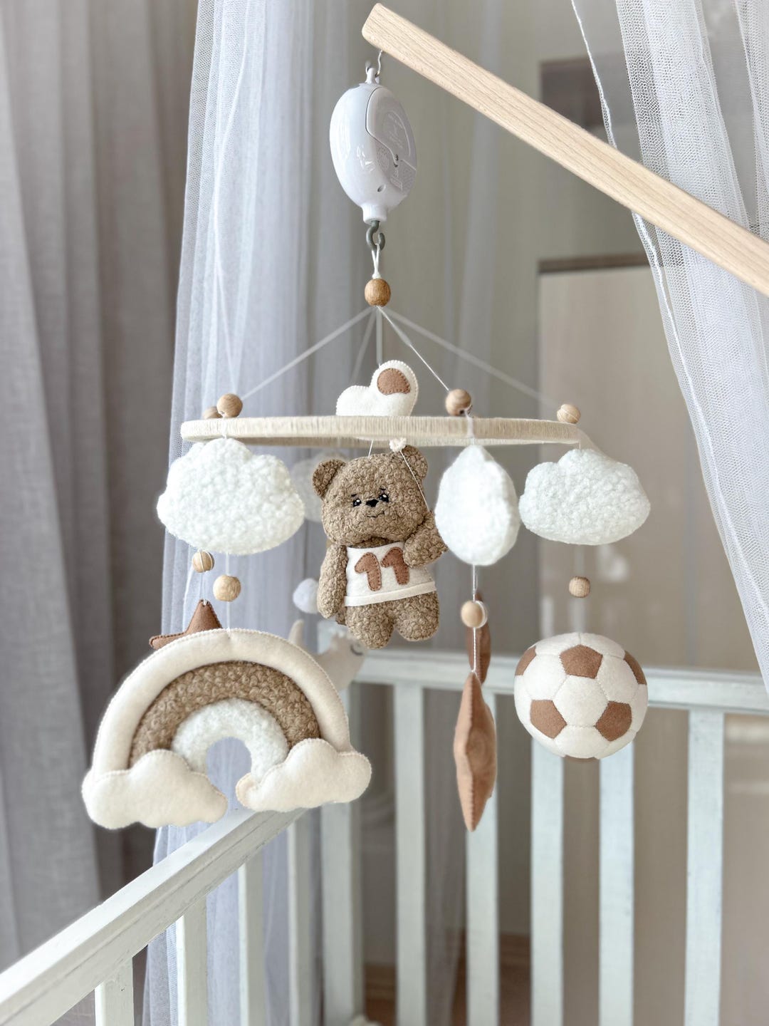 Handmade Boucle Teddy Bear Crib Mobile - Neutral Colors Soccer Nursery ...