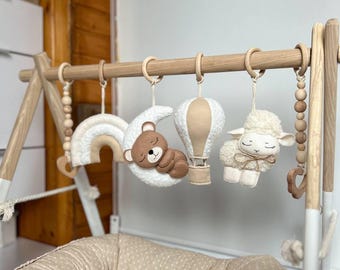 Brinquedos de ginástica para bebês Boucle, brinquedos Montessori, presente para recém-nascidos, brinquedo para crianças pequenas, dois brinquedos de madeira, arco-íris, urso lunar, balão, ovelha.