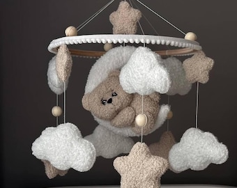 Teddy Bear Nursery Mobile with Sewn Boucle Clouds | Baby Crib Decor | New Baby Gift | Celestial Mobile | Handmade Bear Mobile Baby Shower
